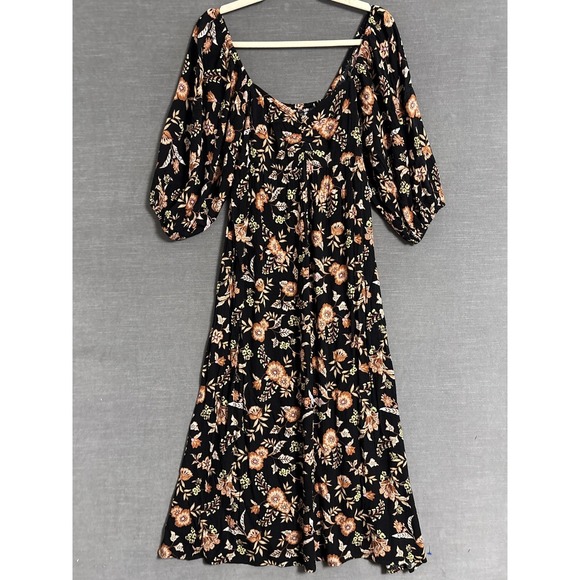 Billabong Dresses & Skirts - Billabong Dress M Black Floral Smocked Puff Sleeve Midi Gauzy Boho Babydoll